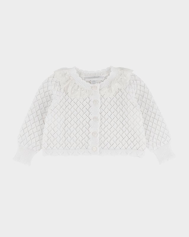Girl's Pointelle Lace-Trim Cardigan, Size 3M-24